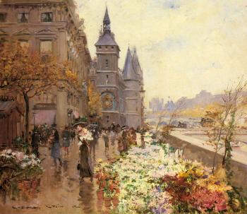 喬治 斯坦 A Flower Market Along The Seine